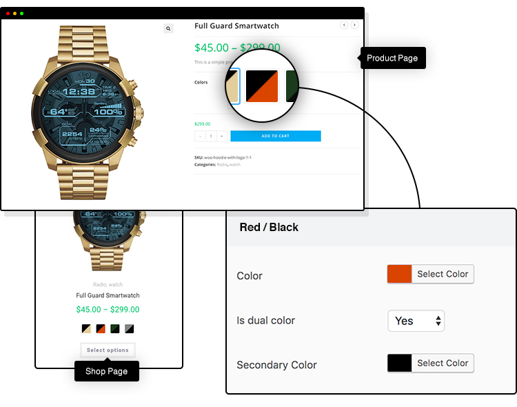 نمونه های رنگی دوگانه در افزونه WooCommerce Variation Swatches